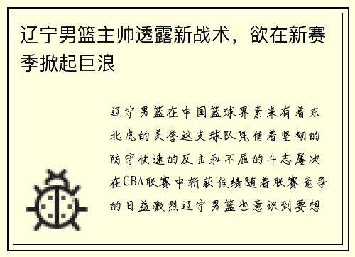 辽宁男篮主帅透露新战术，欲在新赛季掀起巨浪