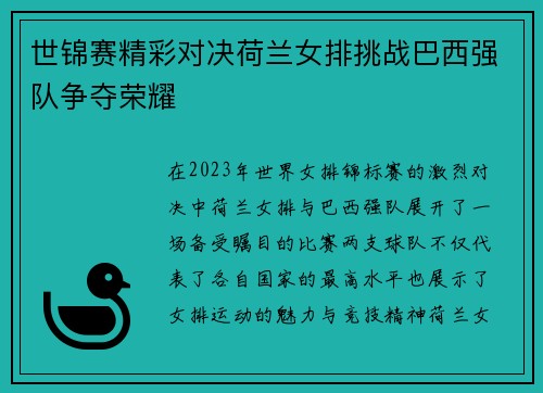 世锦赛精彩对决荷兰女排挑战巴西强队争夺荣耀