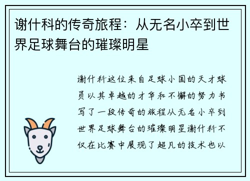 谢什科的传奇旅程：从无名小卒到世界足球舞台的璀璨明星