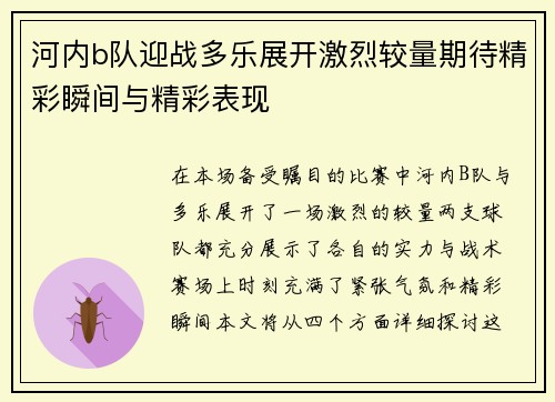 河内b队迎战多乐展开激烈较量期待精彩瞬间与精彩表现