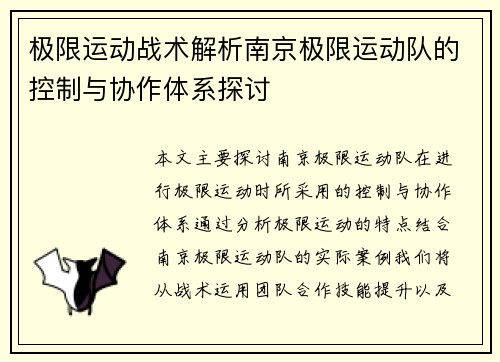 极限运动战术解析南京极限运动队的控制与协作体系探讨