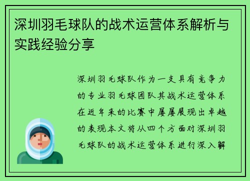 深圳羽毛球队的战术运营体系解析与实践经验分享